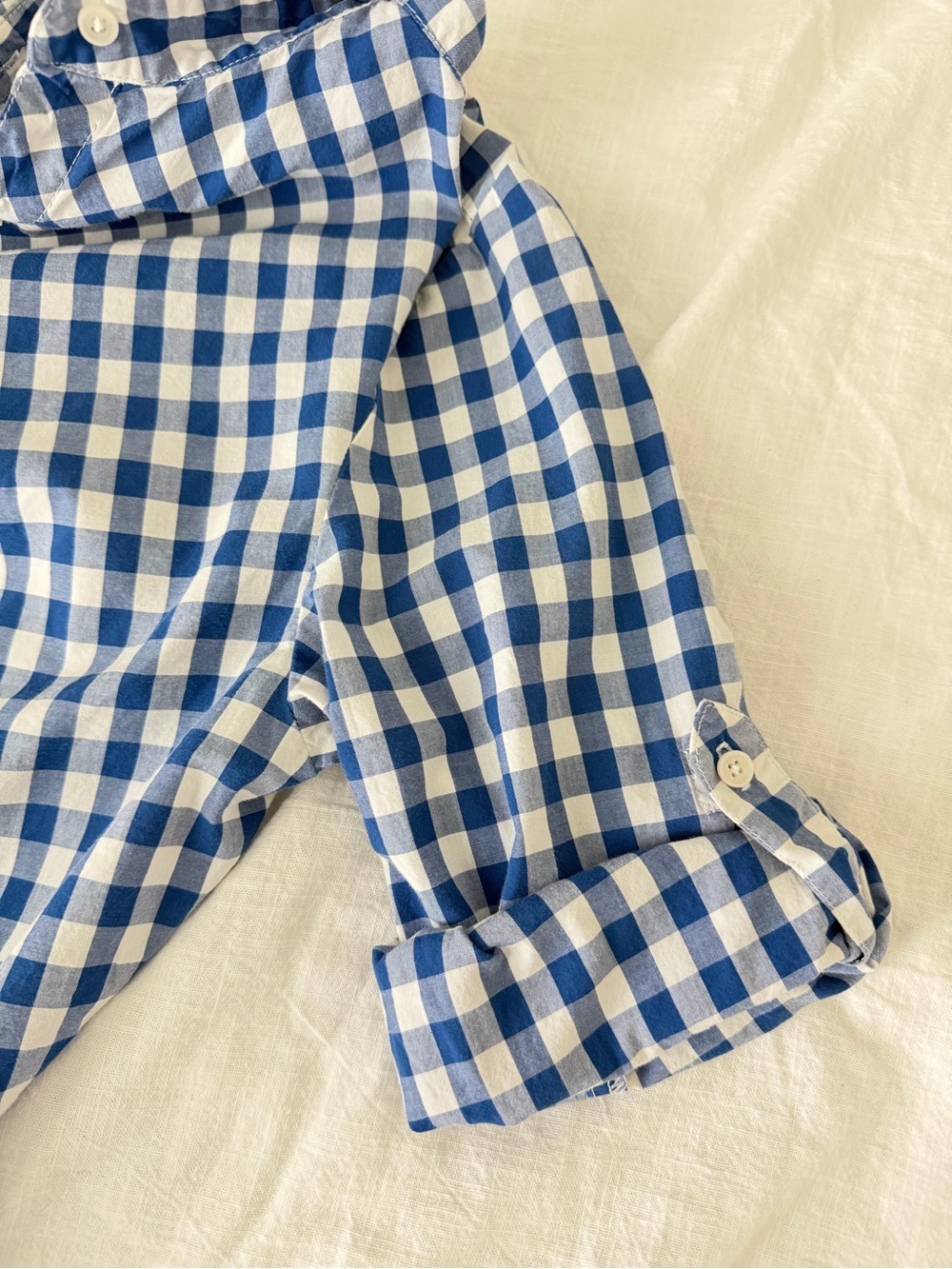 Anne Klein Blue Gingham Shirt Coastal Preppy Hamptons Chic Roll Tab Euro Summer - Picture 10 of 15